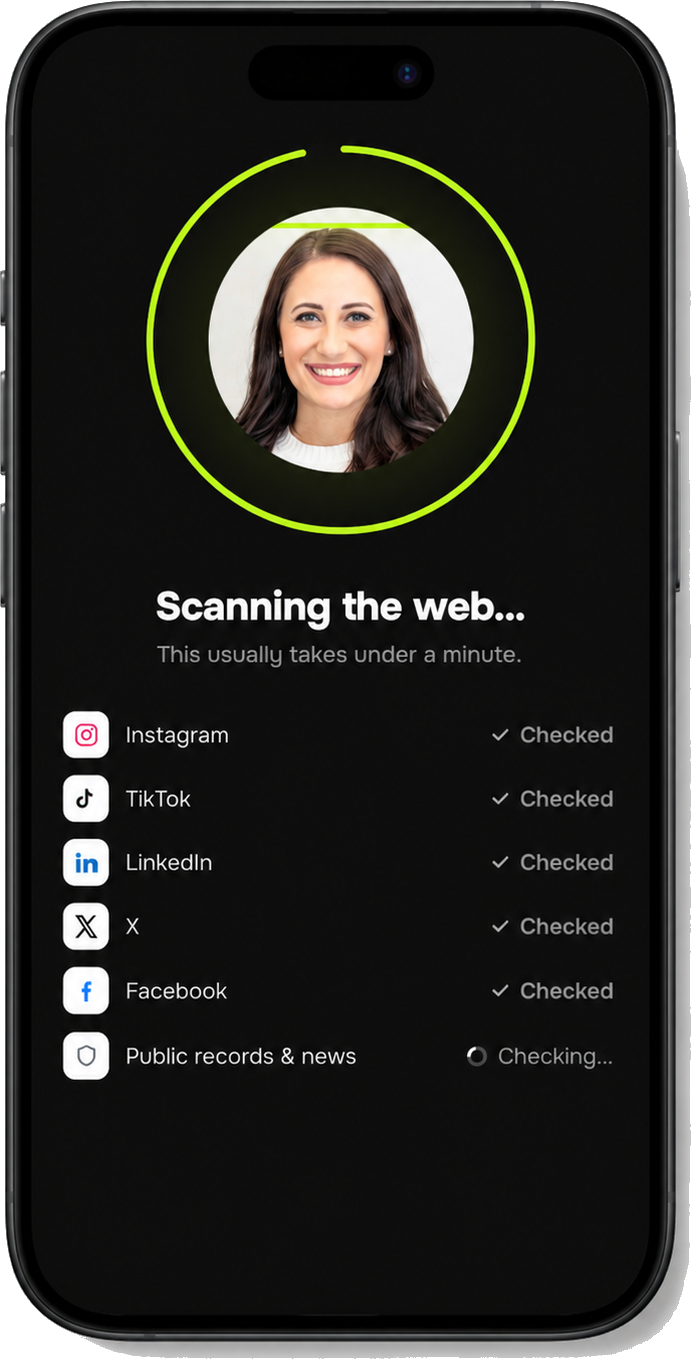 IRL scanning the web, checking Instagram, TikTok, LinkedIn, X, Facebook, and public records
